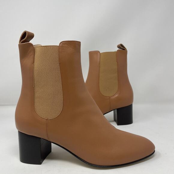Kahmune Mila Bootie 7 Tan Leather Almond Toe Block Heel Pull On Chelsea Chic - Picture 1 of 7